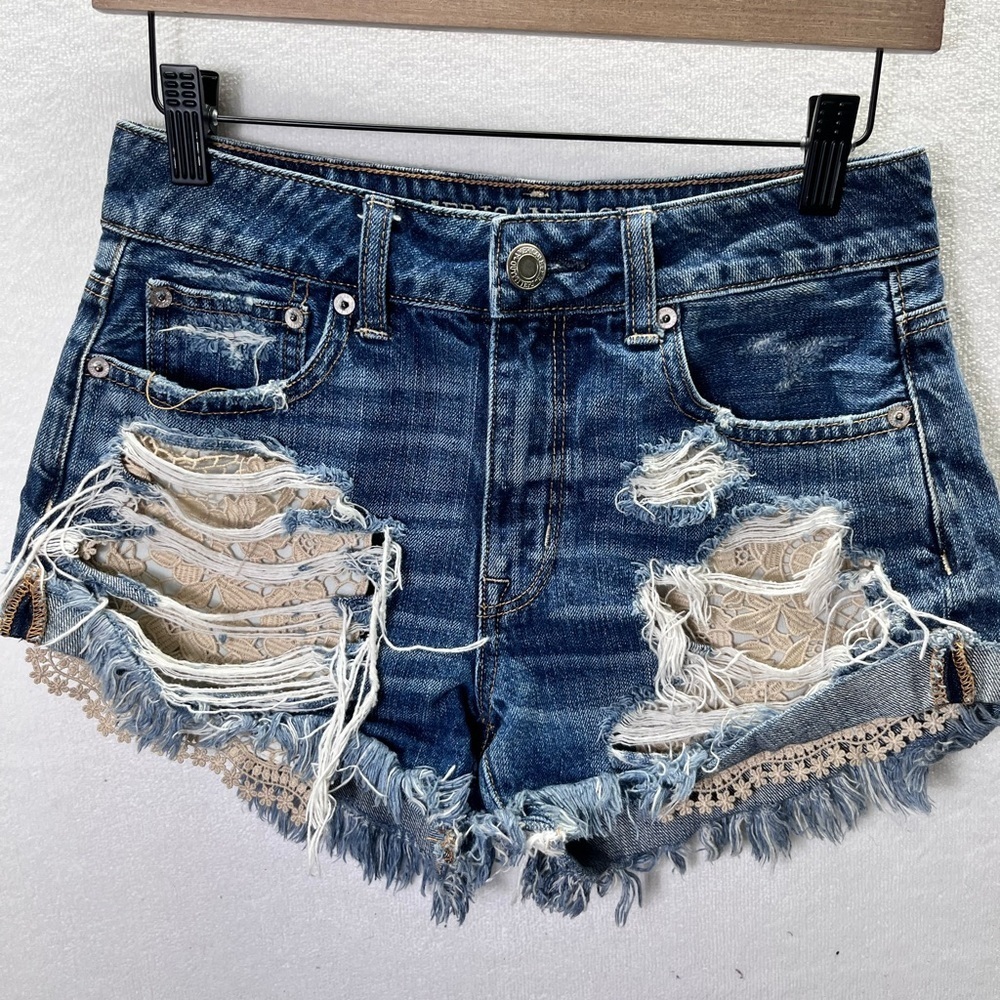 American Eagle hi-Rise Festival Lace Denim shorts Womens 2 Blue Cotton 2372